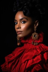 Black woman in red dress with earrings looking at camera with black background