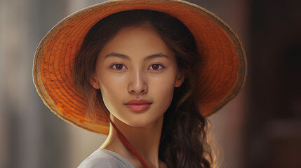 Outdoor portrait of a beautiful Vietnamese woman wearing a  sunhat. She has a flawless complesion and the hint of a smile. Long dark hair worn off to the side.