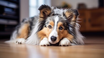 A cute Collie rests on a white living room carpet. Ai Generated. - obrazy, fototapety, plakaty