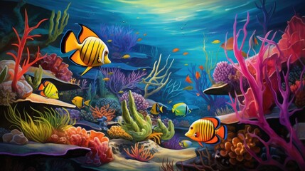 Colorful fish explores vibrant underwater habitat with bright coral and lively plants, Ai Generated. - obrazy, fototapety, plakaty
