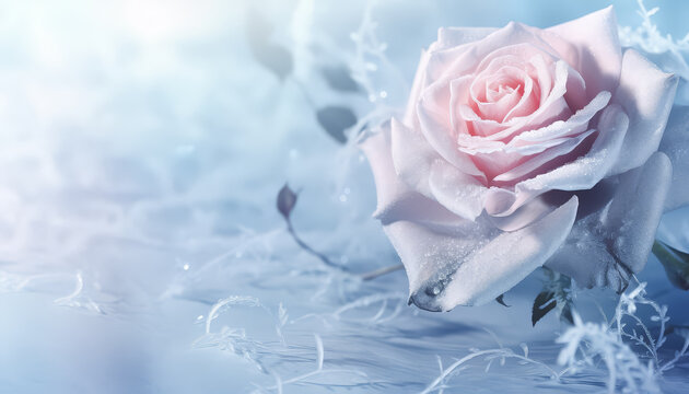 A pink rose is the main focus of the image, with a snowy background