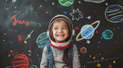 Chalkboard background with space drawing, happy children with sincere smile. Generate AI image