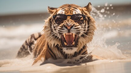 Experience the intensity of an tiger leaping onto the beach in a stunning close-up photo, Ai Generated.