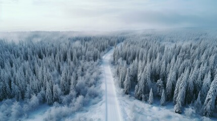 Fototapeta na wymiar Winter landscape with pine forest in snow There is a curved road on a cloudy day in the mountains. Group of frosty pine trees in snowy forest in trees, winter landscape