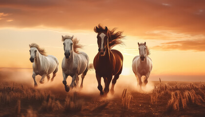 Four horses running in a field with a beautiful sunset in the background - obrazy, fototapety, plakaty