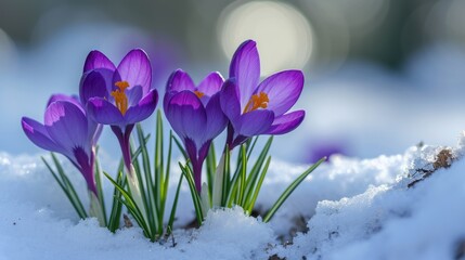 Purple crocuses pushing through the snow, a beautiful symbol of early spring's arrival. Ai Generated.
