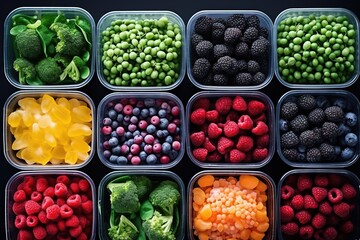 A set of frozen vegetables in plastic containers on a white background. The banner. View from above. The concept of vegetarianism. - obrazy, fototapety, plakaty