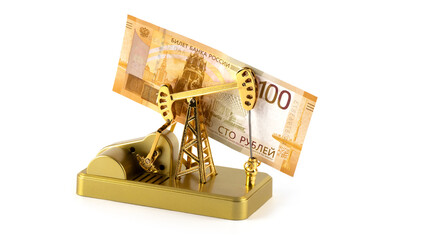 Miniature gold oil pump and 100 Russian ruble banknote on a white background