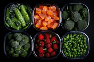 A set of frozen vegetables in plastic containers on a white background. The banner. View from above. The concept of vegetarianism.