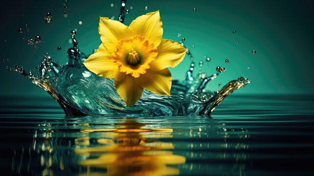 A vibrant yellow daffodil showcases its beauty with a mirrored reflection, doubling the floral brilliance. Ai Generated.