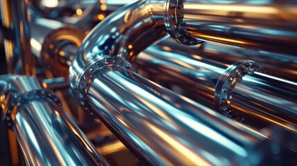 Shiny stainless steel metal pipes at food processing factory, Abstract. - obrazy, fototapety, plakaty