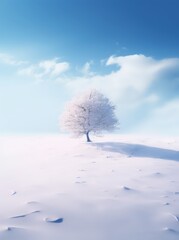 Lonely isolated tree sits on snowy hill top on clear day
