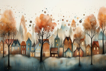Beautiful watercolor painting of colorful fairy-tale houses among forest.