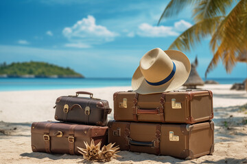 Suitcases with straw hat on the tropical sand beach with palms - obrazy, fototapety, plakaty