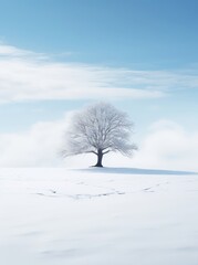 Lonely isolated tree sits on snowy hill top on clear day

