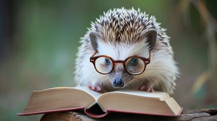 A cute hedgehog dons glasses, engrossed in a book. Ai Generated.