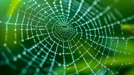 Raindrops cling to a spider's delicate web, transforming it into a glistening masterpiece, emphasizing the intricate connection between nature's elements and its inhabitants