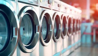 A row of white washers and dryers are lined up in a laundry room - obrazy, fototapety, plakaty
