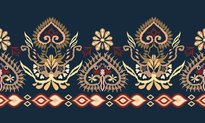 Hand drawn ikat floral paisley embroidery on navy blue background.Ikat ethnic oriental pattern traditional.Aztec style abstract vector illustration.