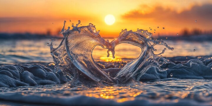 In the rays of the rising sun, the splash of the wave formed the shape of a heart.