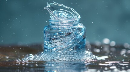 A dynamic and refreshing water splash captured mid-twirl inside a transparent glass bottle. - obrazy, fototapety, plakaty