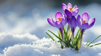Purple crocuses pushing through the snow, a beautiful symbol of early spring's arrival. Ai...