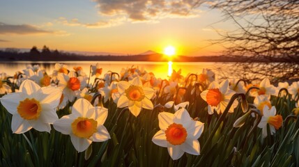 Spring daffodils glow in the golden sunset light, embodying renewal and the promise of hope. Ai Generated. - obrazy, fototapety, plakaty