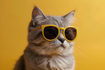 Close portrait of british furry cat in fashion sunglasses. Funny pet on bright yellow background. Kitten in eyeglass. Fashion style, cool animal concept with copy Generative AI
