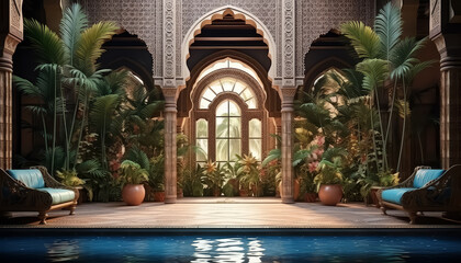 A beautiful, ornate pool area with a large fountain and a couch - Powered by Adobe