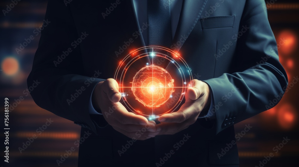 Wall mural businessman holding security button on virtual screens, technology internet and networking concept