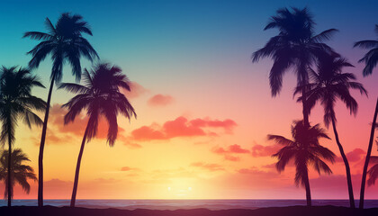 A beautiful sunset over the ocean with palm trees in the background - obrazy, fototapety, plakaty