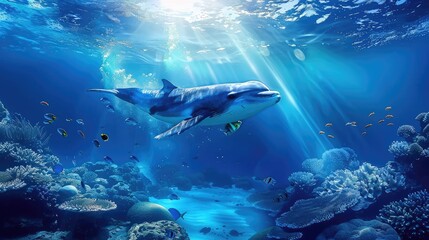 Stunning blue ocean background with sunlight filtering through, revealing an enchanting undersea...