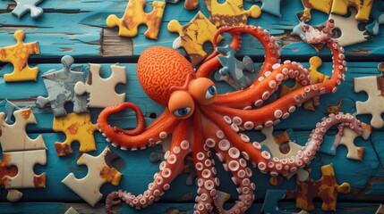 squid engrossed in a jigsaw puzzle challenge, Ai Generated. - obrazy, fototapety, plakaty