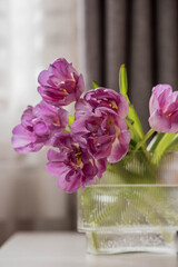 A bouquet of pink tulips in a beautiful stylish vase on the table in the room. The concept of the onset of spring and International Women's Day on March 8.