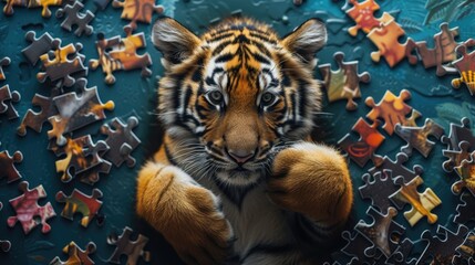 Fototapeta na wymiar Adorable tiger engrossed in a delightful jigsaw puzzle, Ai Generated.