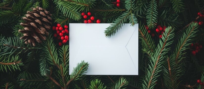 Top view of christmas greeting card, mockup, invitation. with pine branches around the letter