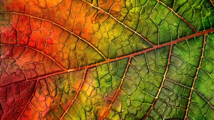 Obraz premium Close-up of an autumn leaf's intricate texture, showcasing vibrant hues. Ai Generated
