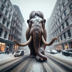 Woolly Mammoth wanders the streets of a wintery city
