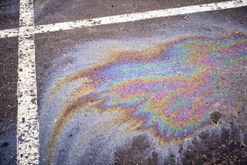 Oil, gasoline, or fuel leakage on wet pavement in a parking lot marked with a dividing line.
