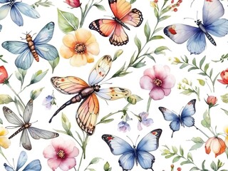 Watercolor seamless pattern with butterflies and flowers. Hand drawn illustration.