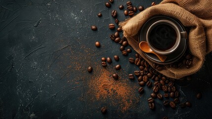 A cup of coffee and coffee beans in a sack create a cozy coffee scene. Ai Generated