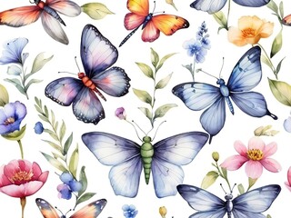 Beautiful vector pattern with nice watercolor butterflies and flowers. Hand drawn illustration