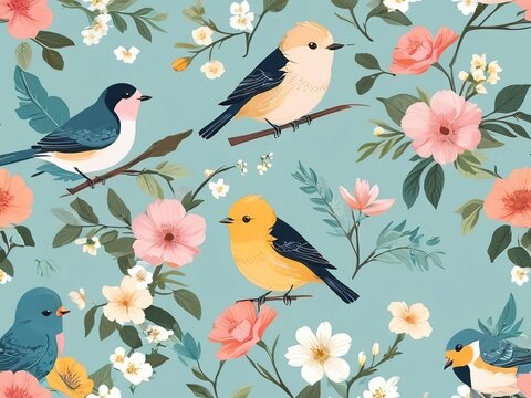 Seamless pattern with birds, flowers and birds. Vector illustration.