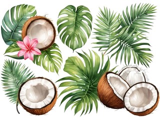 Fototapeta na wymiar Set of tropical leaves and coconuts isolated on white background illustration