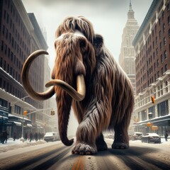 Woolly Mammoth wanders the streets of a wintery city
