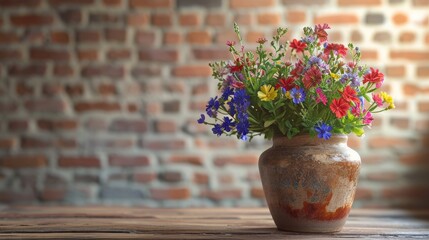 Spring flowers grace a ceramic pot on a table, set against a rustic brick wall backdrop. Ai Generated. - Powered by Adobe