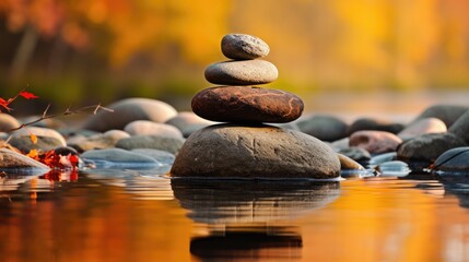 A stack of stones in a serene river embodies tranquility and meditation amid the fall season. Ai Generated.