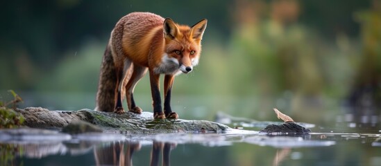 The red fox is standing on a rock in the river looking at its prey
