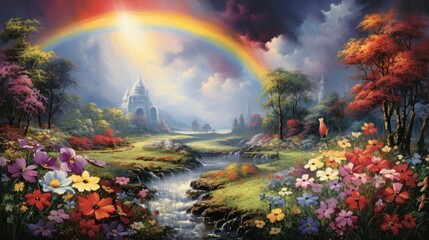 A dreamy landscape unfolds with colorful flowers, a rainbow, and sparkling raindrops, creating a magical scene. Ai Generated.