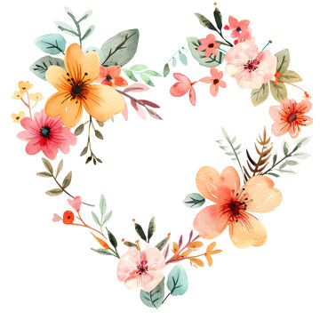 illustration colorful watercolor with heart floral and variety of flowers and foliage elements around.